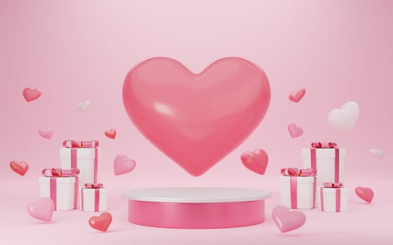 Empty white and pink cylinder podium with hearts balloons, gift boxes on arch and curtain background. Valentine's Day interior with pedestal. Mockup space for display of product design. 3d rendering.