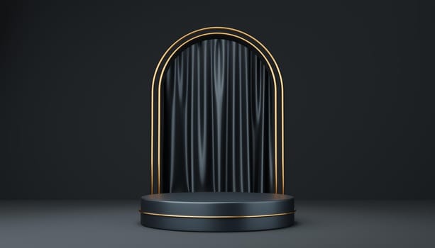 Empty gray cylinder podium and gold circle on black arch and curtain background. Abstract minimal studio 3d geometric shape object. Pedestal mockup space for display of product design. 3d rendering.