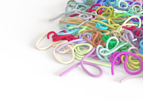 A bunch of colorful spaghetti lies on a white background, abstract 3d rendering illustration