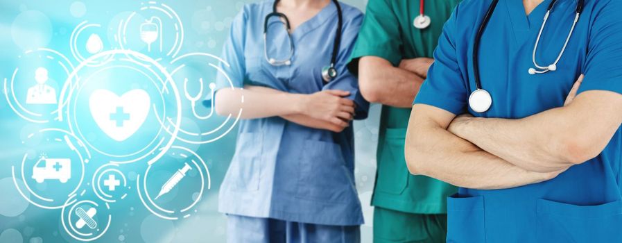 Medical Healthcare Concept - Doctor in hospital with digital medical icons graphic banner showing symbol of medicine, medical care people, emergency service network, doctor data of patient health.