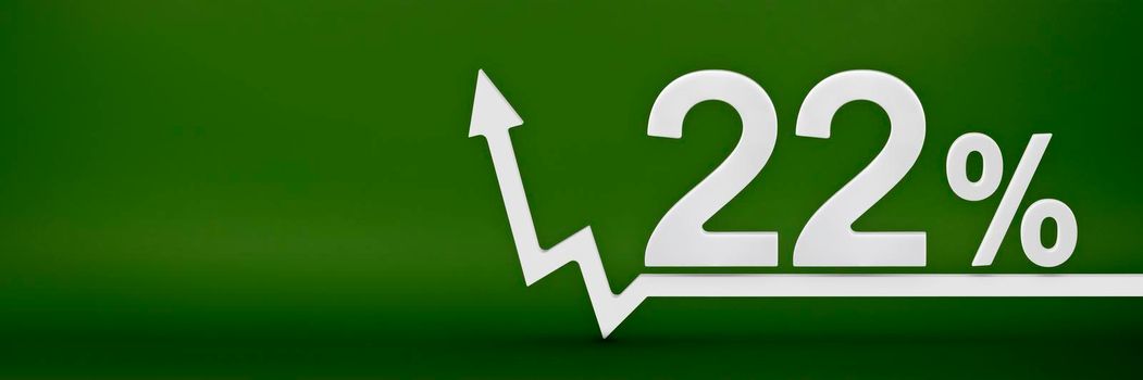 22 percent. The arrow on the graph points up. Rising prices, inflation, increase in income, increase in interest rates, taxes. 3d banner, twenty two percent sign discount on a green background