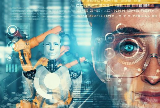 Mechanized industry robot and human worker working together in future factory . Concept of artificial intelligence for industrial revolution and automation manufacturing process .