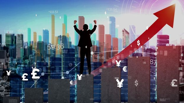 Double Exposure Image of Business and Finance conceptual - Businessman with report chart up forward to financial profit growth of stock market investment.