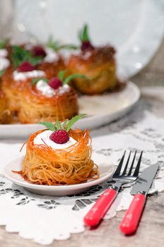 Easter dessert with raspberries and whipped cream From series Sweet pasta Blurred background with bokeh effect