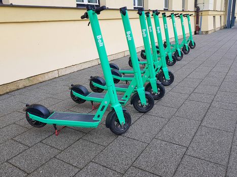 Varazdin, Croatia - 14/05/2021 - Bolt e-scooters parked. Ready for rent.