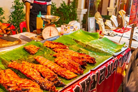 Local food meat beef spareribs grilled at Night Market Fishermans Village Bo Phut on Koh Samui island in Thailand.