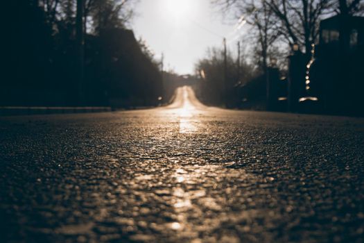 Long road perspective showing some trees and the texture of the asphalt