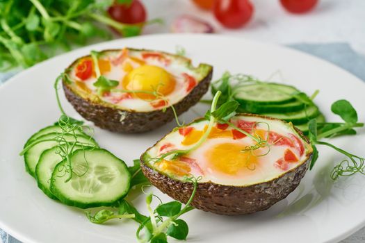 egg baked in avocado, toast, breakfast,