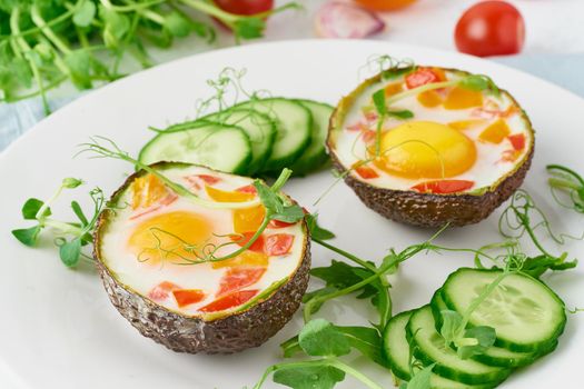 egg baked in avocado, toast, breakfast,