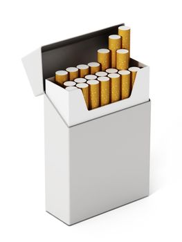 Cigarette box and cigarettes isolated on white background. 3D illustration.