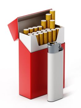 Cigarette box and lighter isolated on white background. 3D illustration.