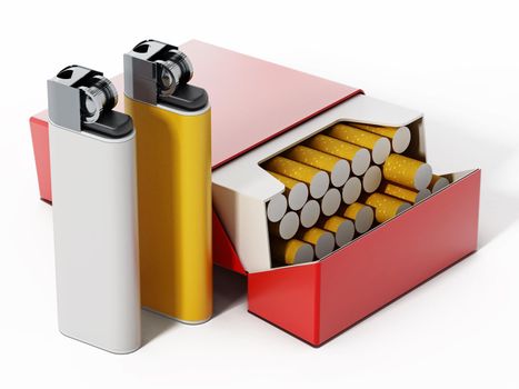 Cigarette box and lighters isolated on white background. 3D illustration.