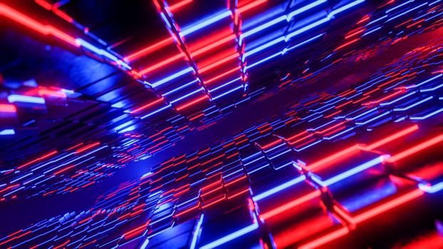 Flying through a tunnel of glowing cubes, 3D rendering illustration.