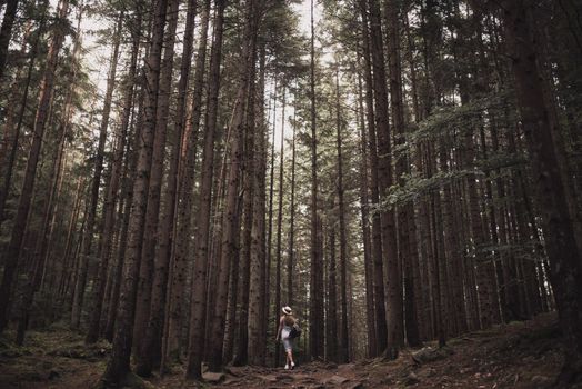 Slavic tanned fair-haired young girl with a boater hat on nature. Traveler tourist in a dark forest. constant tone of clothes. dark brown background