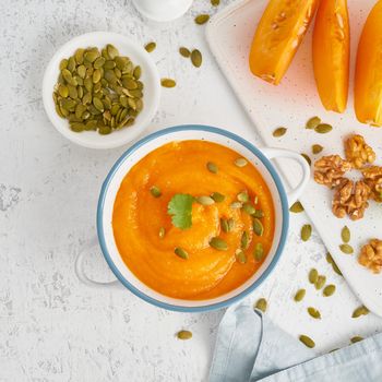 healthy food for vegans, cream soup with walnuts and pumpkin seeds
