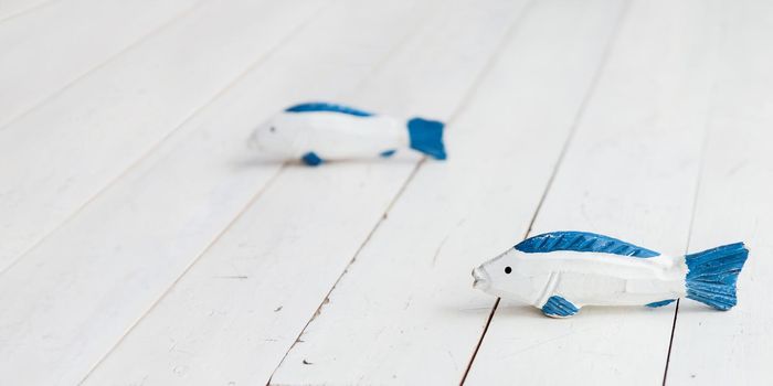 Two wooden fishes on floor. Shabby blue and white handmade toys for children. Horizontal banner with copy space.