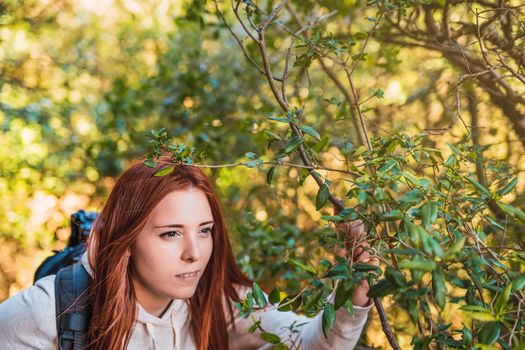 young woman with red hair, arriving at the top of the mountain after the route, looking at the horizon. portrait of a woman hiker discovering a new landscape. background of a forest with lush vegetation illuminated by the rays of the sun.