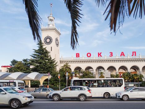 SOCHI, RUSSIA - March 05, 2020. Cars move in front of Sochi railway station.