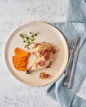 healthy gluten free balanced clean food with sweet potato and bacon