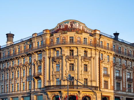 MOSCOW, RUSSIA - June 04, 2018. National hotel on Manezhnaya square, famous landmark in Moscow. Early morning in town, sunrise.