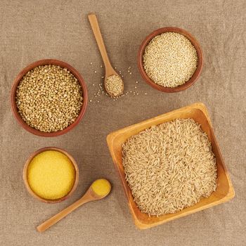 set of cereals for gluten-free fodmap diet, long carbohydrates, brown rice, corn, quinoa, green buckwheat, wholegrain