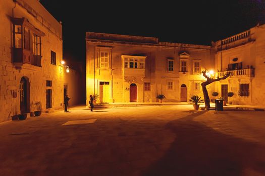 MDINA, MALTA - February 19, 2010. Tourists on illuminated streets of Mdina, ancient capital of Malta. Night view on buildings and wall decorations of ancient town.