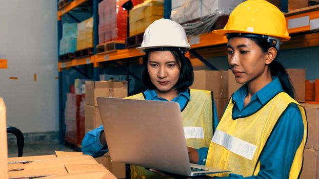 Female warehouse worker working at the storehouse . Logistics , supply chain and warehouse business concept .