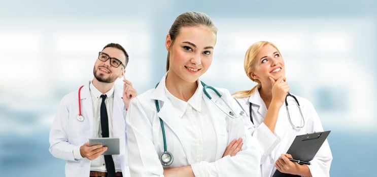 Healthcare people group. Professional doctor working in hospital office or clinic with other doctors, nurse and surgeon. Medical technology research institute and doctor staff service concept.