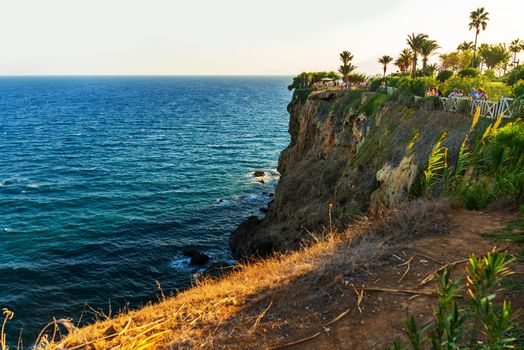 ANTALYA, TURKEY: Beautiful park and cliff slope at Waterfall Duden on a summer evening day in Antalya.