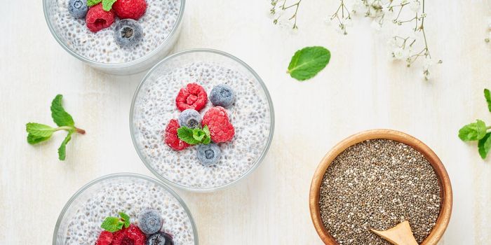 Long banner with chia pudding, top view, fresh berries raspberries, blueberries. Three glass, light wooden background, flowers