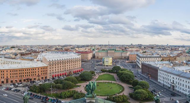 SAINT-PETERSBURG, RUSSIA - August 14, 2021. Panorama of town from view point on Saint Isaac's Cathedral or Isaakievskiy Sobor.