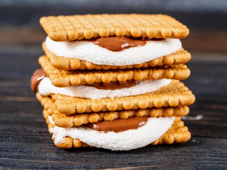 Smores, marshmallow sandwiches - traditional American sweet chocolate cookies on dark wooden table, side view