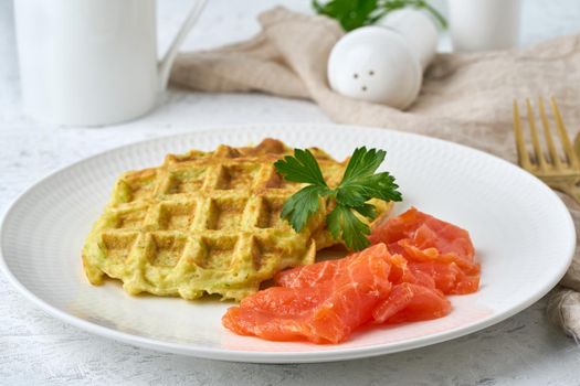 healthy and balanced food, gluten free clean eating zucchini waffles with salmon