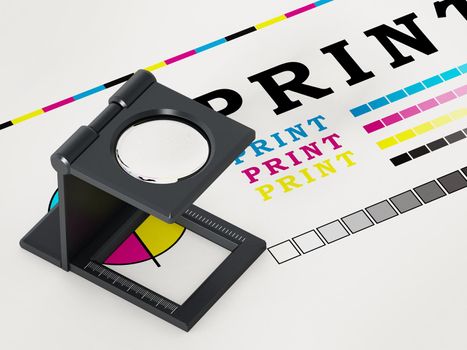 Printing loupe standing on colour test paper. 3D illustration.