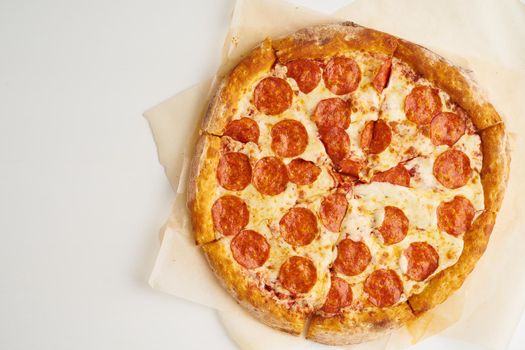 pepperoni and spices, traditional italian pizza, rustic dinner, tasty fastfood