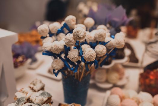 Table with food for the holiday. Cuisine. Culinary Buffet. Dinner Catering. Dining Food. Celebration Party. Concept wedding birthday. Sweet pastries desserts