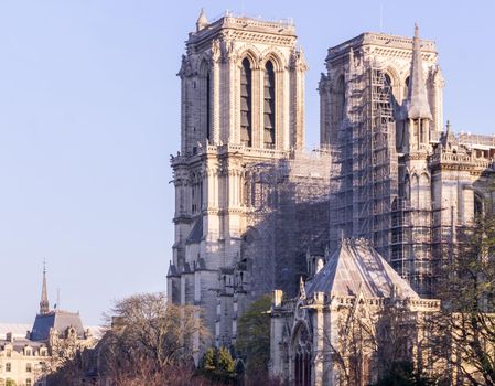 Notre Dame Cathedral under restoration on a sunny day