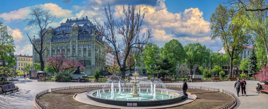 Odessa, Ukraine 06.05.2022. Fountain in the City garden in Odessa during the war in Ukraine on a sunny spring day