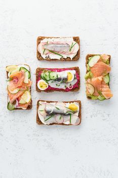 Savory fish smorrebrod, set of five Danish sandwiches. Black rye bread with anchovy, beetroot, radish, salmon, cream cheese, avocado on a grey white stone table, top view, copy space, vertical