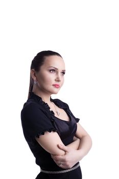 Casual mid-age woman in black dress look forward isolated