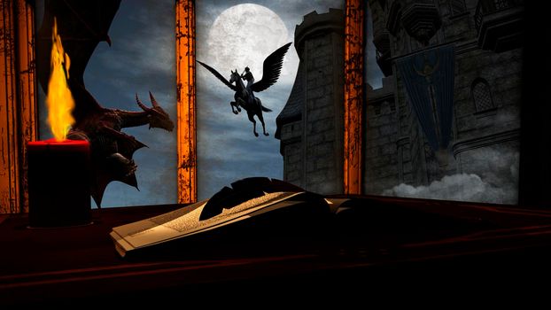 Open storybook with dragon fairy tale coming alive - 3d rendering