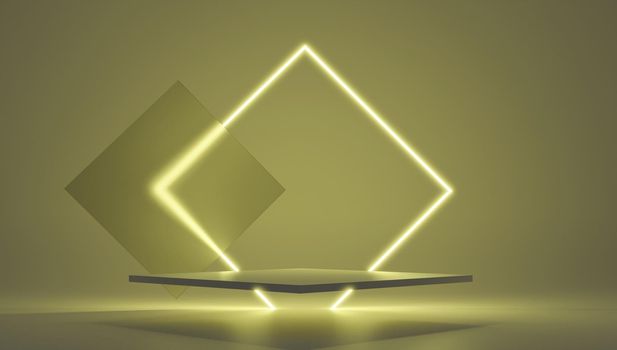 3d render yellow platform with neon shining and transparent glass rings. Geometric shapes composition with empty space for product design show. Minimal banner mockup