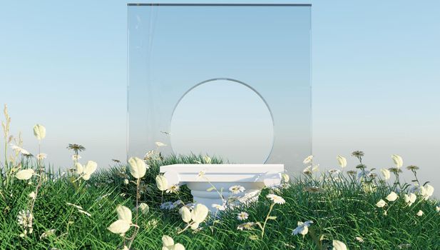 3D display podium sky background with natural green grass and sun shadow. Nature minimal pedestal, beauty, cosmetic product presentation. Spring, summer landscape banner template 3d render