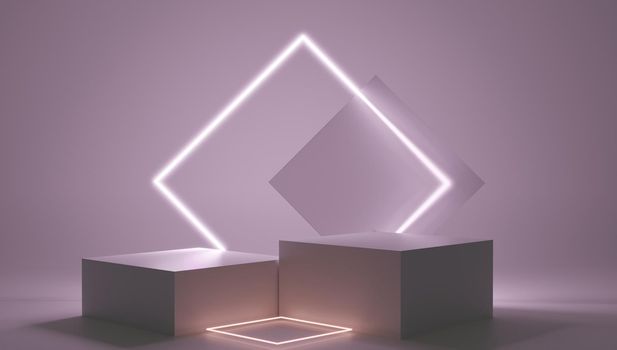 3d render pink platform with neon shining and transparent glass rings. Geometric shapes composition with empty space for product design show. Minimal banner mockup