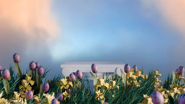 Enjoy Summer 3d realistic background with clouds, daisies, grass, leaves and product podium. 3d rendering