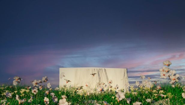 Natural beauty podium backdrop with spring rose flower field scene. 3d rendering