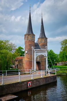 Oostport (Eastern Gate) of Delft in the day. Delft, Netherlands