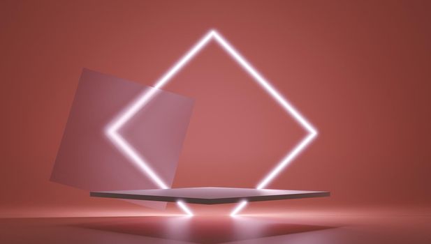 3d render red platform with neon shining and transparent glass rings. Geometric shapes composition with empty space for product design show. Minimal banner mockup