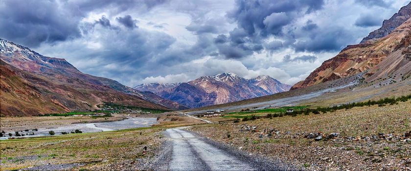 Panorama of road in Himalayas, Spiti valley, Himachal Pradesh, India