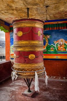 Buddhist prayer wheel (Mani wheel) in Thiksey gompa (Tibetan buddhist monstery). Ladakh, India